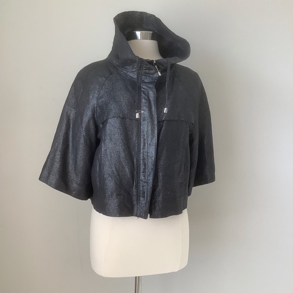 $198 Sandro  Linen Blend Metallic Cropped Swing Moto Jacket M - Picture 11 of 16